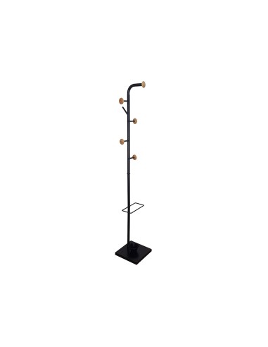 CI | Perchero Metalico Q-Connect Negro Con Detalles De Madera 6 Colgadores Y Paraguero 174X28,5 Cm