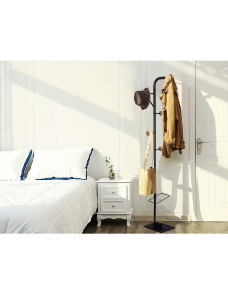 CI | Perchero Metalico Q-Connect Negro Con Detalles De Madera 6 Colgadores Y Paraguero 174X28,5 Cm