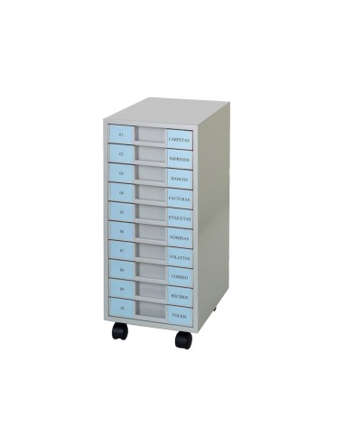 CI | Archivador metalico clen 10 bandejas plastico de 5,5 cm de altura con ruedas color gris claro 680x303x371 mm