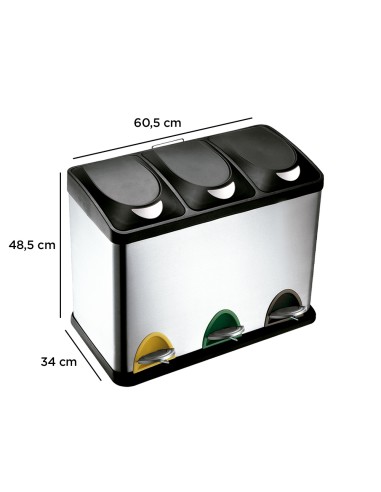 CI | Papelera contenedor q-connect metalica con tapadera de plastico y pedal 3 depositos 45l 605x340x485 mm