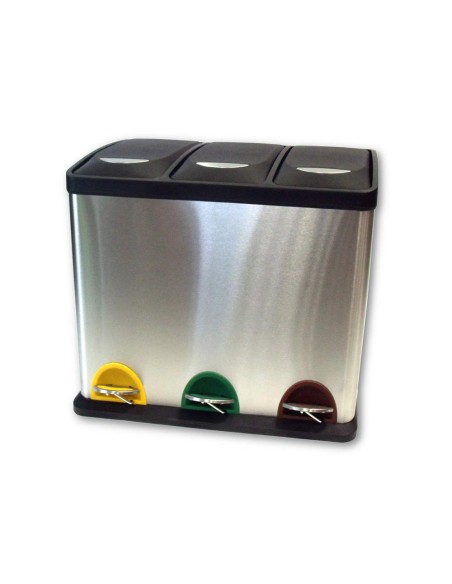 CI | Papelera contenedor q-connect metalica con tapadera de plastico y pedal 3 depositos 45l 605x340x485 mm