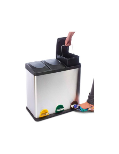 CI | Papelera contenedor q-connect metalica con tapadera de plastico y pedal 3 depositos 45l 605x340x485 mm