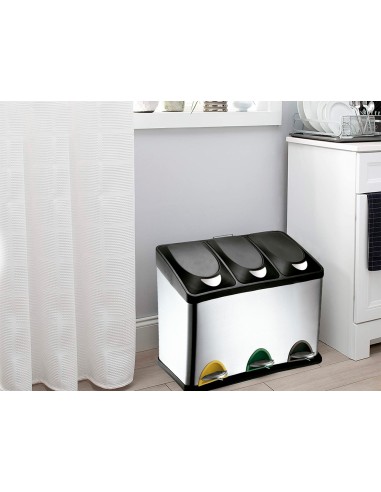 CI | Papelera contenedor q-connect metalica con tapadera de plastico y pedal 3 depositos 45l 605x340x485 mm