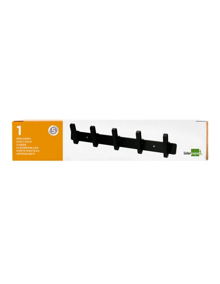 CI | Perchero liderpapel pared metalico 5 colgadores color negro 430x88x55 mm