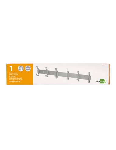 CI | Perchero liderpapel pared metalico 6 colgadores color plata mate 430x88x55 mm