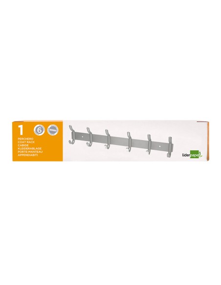 CI | Perchero liderpapel pared metalico 6 colgadores color plata mate 430x88x55 mm