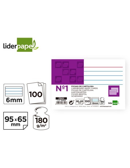 CI | Ficha liderpapel rayada nº1 65 x 95mm paquete de 100 180g