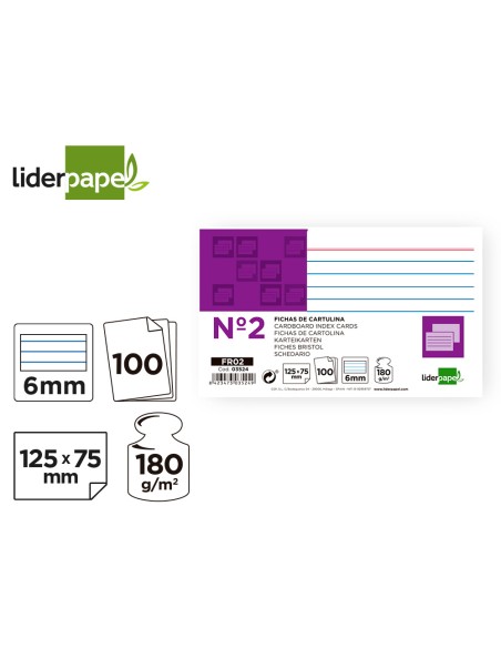 CI | Ficha liderpapel rayada nº2 75 x 125mm paquete de 100 180g