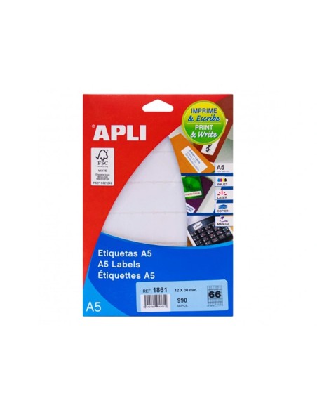CI | Etiqueta adhesiva apli blanca 12x30 mm sobre a5 de 990 unidades