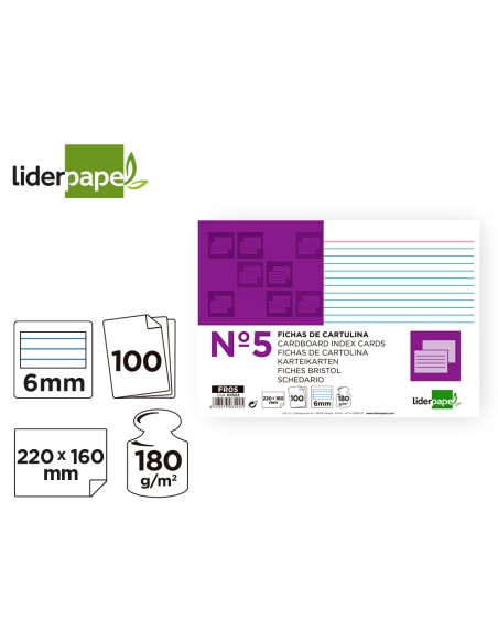 CI | Ficha liderpapel rayada nº5 160x220mm paquete de 100 180g