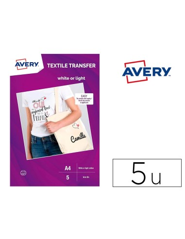 CI | Papel transfer avery para camisetas algodon color blanco ink-jet din a4 pack de 5 hojas