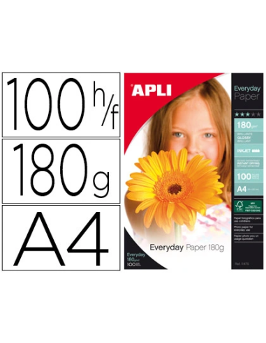 CI | Papel fotografico apli glossy din a4 pack 100 hojas de 180 grs