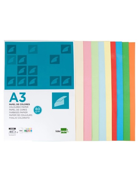 CI | Papel color liderpapel a3 80gr/m2 10 colores surtidos paquete 100 hojas