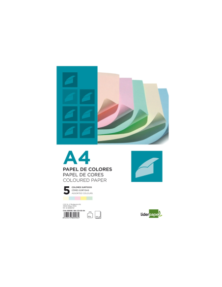 CI | Papel color liderpapel a4 80g/m2 5 colores surtidos paquete de 500