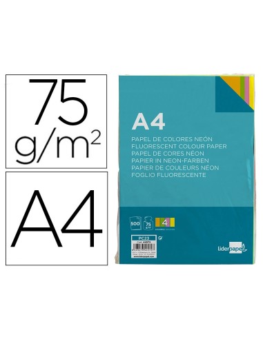 CI | Papel color liderpapel a4 75g/m2 neon 4 colores surtidos paquete de 500