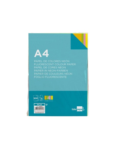 CI | Papel color liderpapel a4 75g/m2 neon 4 colores surtidos paquete de 500