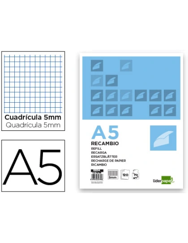 CI | Recambio liderpapel a5 120 hojas 80g/m2 cuadro 5mm sin margen 6 taladros bandas de 5 colores