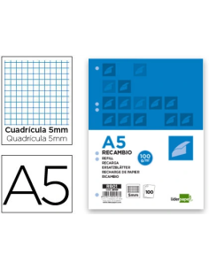 CI | Recambio liderpapel a5 100 hojas 100g/m2 cuadro 5mm...
