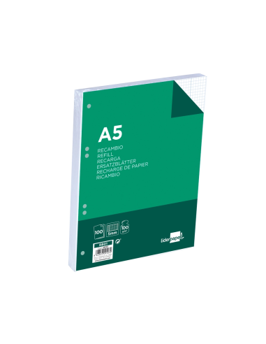 CI | Recambio liderpapel a5 100 hojas 100g/m2 cuadro 5mm con margen 6 taladros