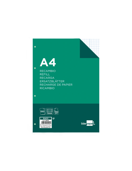 CI | Recambio liderpapel a4 100 hojas 100g/m2 cuadro 5mm con margen 4 taladros