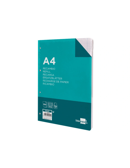 CI | Recambio liderpapel a4 100 hojas 100g/m2 cuadro 5mm con margen 4 taladros