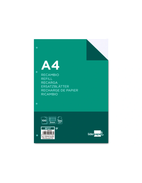 CI | Recambio liderpapel a4 100 hojas 100g/m2 cuadro 3mm con margen 4 taladros