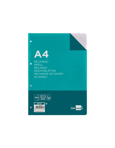 CI | Recambio liderpapel a4 100 hojas 100g/m2 cuadro 3mm con margen 4 taladros