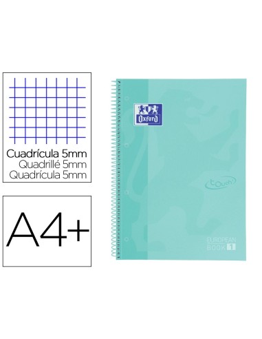 CI | Cuaderno espiral oxford ebook 1 school touch te din a4+ 80 hojas cuadro 5 mm con margen mint pastel