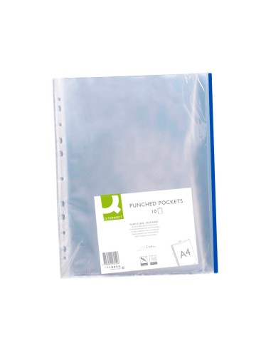 CI | Funda multitaladro q-connect din a4 70 mc pp cristal con borde azul bolsa de 10 uds