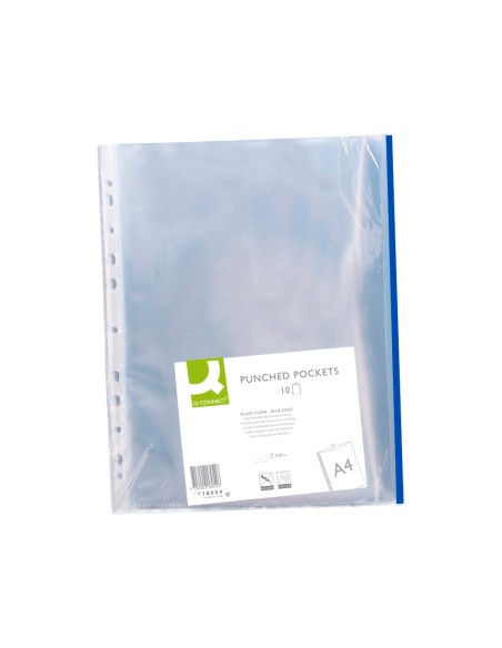 CI | Funda multitaladro q-connect din a4 70 mc pp cristal con borde azul bolsa de 10 uds