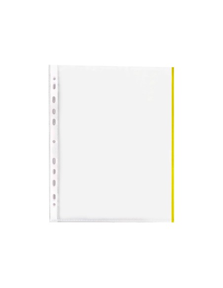 CI | Funda multitaladro q-connect din a4 70 mc pp cristal con borde amarillo bolsa de 10 uds