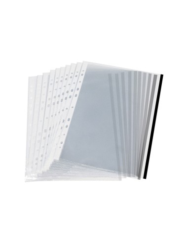 CI | Funda multitaladro q-connect din a4 70 mc pp cristal con borde negro bolsa de 10 uds