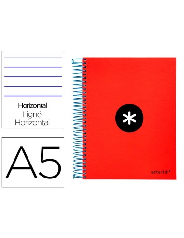 CI | Cuaderno espiral liderpapel a5 micro antartik tapa forrada 120h 100 gr horizontal 5 bandas 6 taladros color rojo.