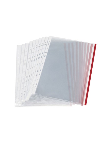 CI | Funda multitaladro q-connect din a4 70 micras pp cristal con borde rojo bolsa de 10 uds