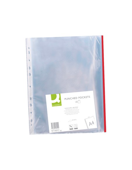 CI | Funda multitaladro q-connect din a4 70 micras pp cristal con borde rojo bolsa de 10 uds