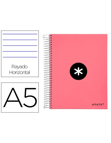 CI | Cuaderno espiral liderpapel a5 micro antartik tapa forrada120h 100 gr horizontal 5 banda6 taladros color coral