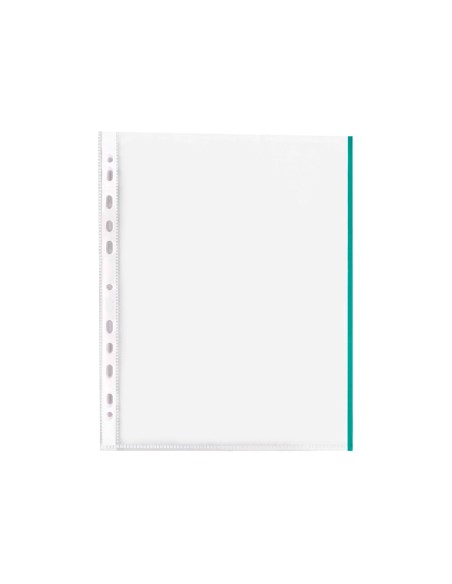 CI | Funda multitaladro q-connect din a4 70 mc pp cristal con borde verde bolsa de 10 uds