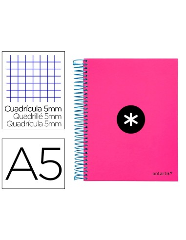 CI | Cuaderno espiral liderpapel a5 micro antartik tapa forrada 120h 100 gr cuadro5mm 5 bandas 6 taladros color rosa