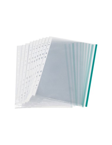 CI | Funda multitaladro q-connect din a4 70 mc pp cristal con borde verde bolsa de 10 uds
