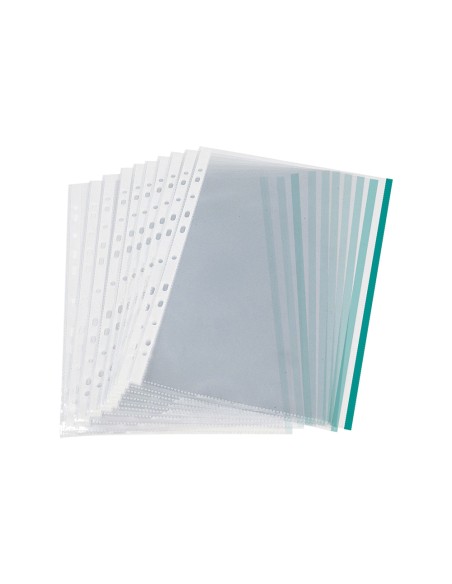 CI | Funda multitaladro q-connect din a4 70 mc pp cristal con borde verde bolsa de 10 uds