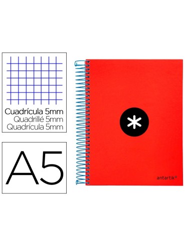 CI | Cuaderno espiral liderpapel a5 micro antartik tapa forrada 120h 100 gr cuadro5mm 5 bandas 6 taladros color rojo