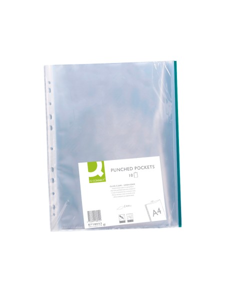 CI | Funda multitaladro q-connect din a4 70 mc pp cristal con borde verde bolsa de 10 uds