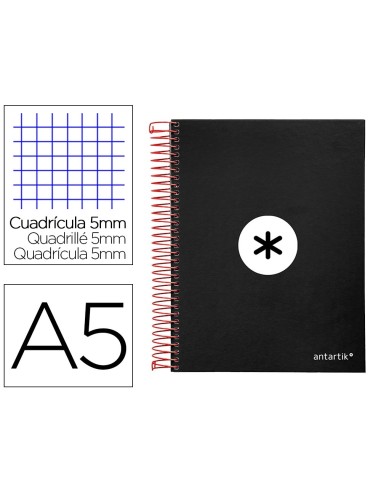 CI | Cuaderno espiral liderpapel a5 micro antartik tapa forrada 120h 100 gr cuadro5mm 5 bandas 6 taladros color negro