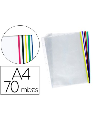 CI | Funda multitaladro q-connect din a4 70 mc cristal con borde colores surtidos bolsa de 25