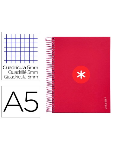 CI | Cuaderno espiral liderpapel a5 micro antartik tapa forrada120h 100 gr cuadro 5mm 5 banda6 taladros color frambuesa