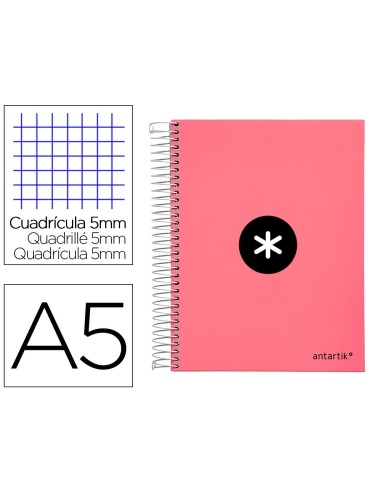 CI | Cuaderno espiral liderpapel a5 micro antartik tapa forrada120h 100 gr cuadro 5 mm 5 band6 taladros color coral