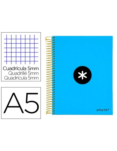 CI | Cuaderno espiral liderpapel a5 micro antartik tapa forrada 120h 100 gr cuadro5mm 5 bandas 6 taladros color azul