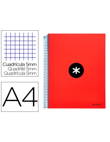 CI | Cuaderno espiral liderpapel a4 micro antartik tapa forrada 120h 100 gr cuadro5mm 5 bandas 4 taladros color rojo