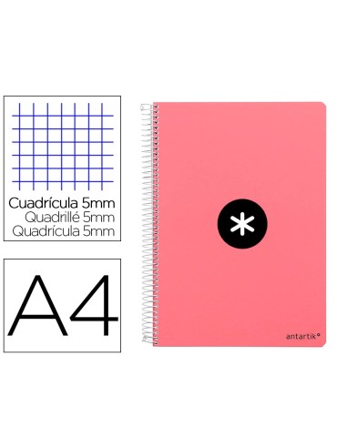 CI | Cuaderno espiral liderpapel a4 antartik tapa dura 80h 100 gr cuadro 5mm color coral
