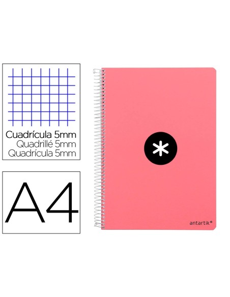 CI | Cuaderno espiral liderpapel a4 antartik tapa dura 80h 100 gr cuadro 5mm color coral